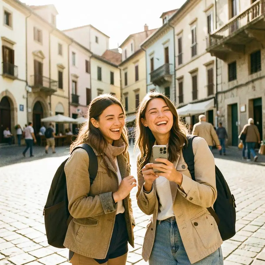 Travellers in an old town square